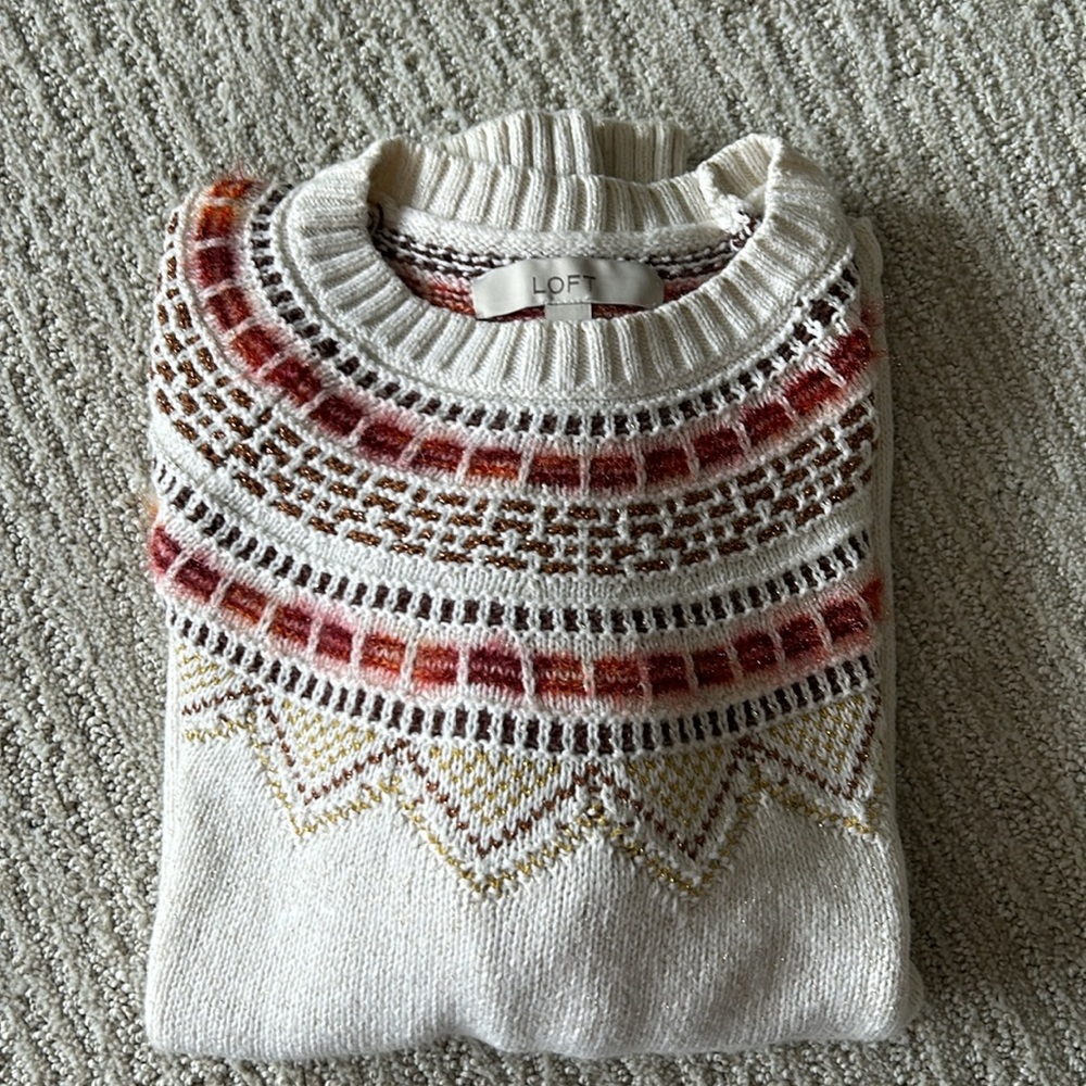 LOFT Cream Fair Isle Knit Sweater with Pink & Brown Accents